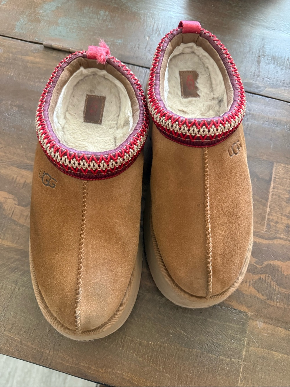 UGG Chestnut Suede Slip-On Slippers with Red Trim